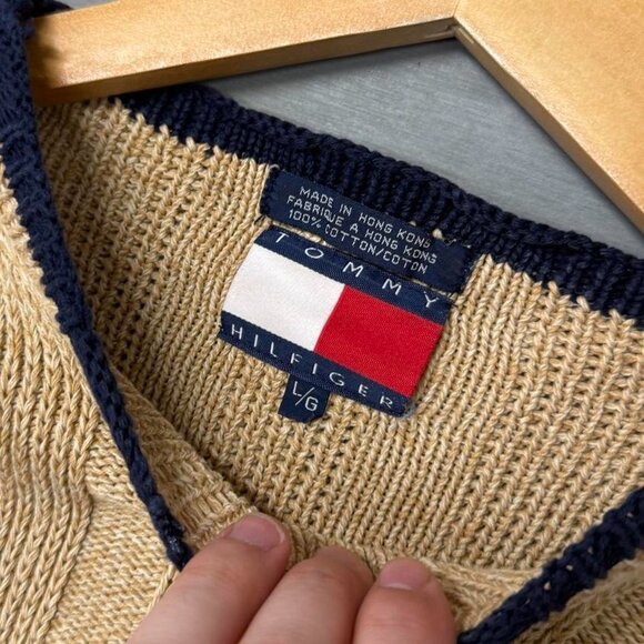 RARE Tommy Hilfiger Vintage Beige 100% Cotton Chunky Sweater Size Large - Picture 2 of 5
